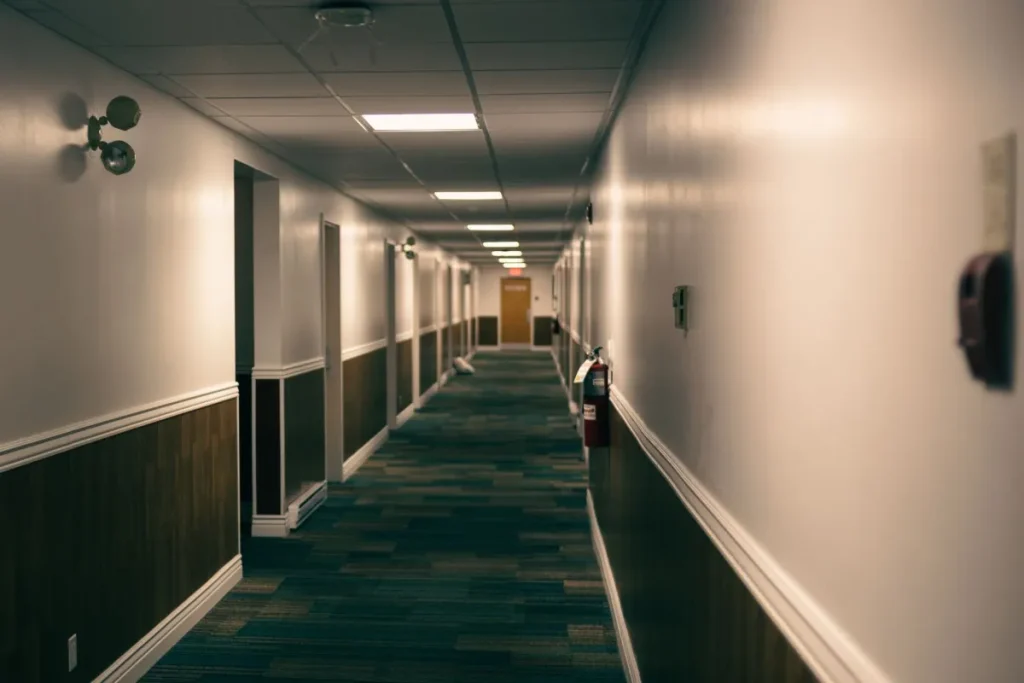 Long carpeted hallway with doors to rooms on both sides