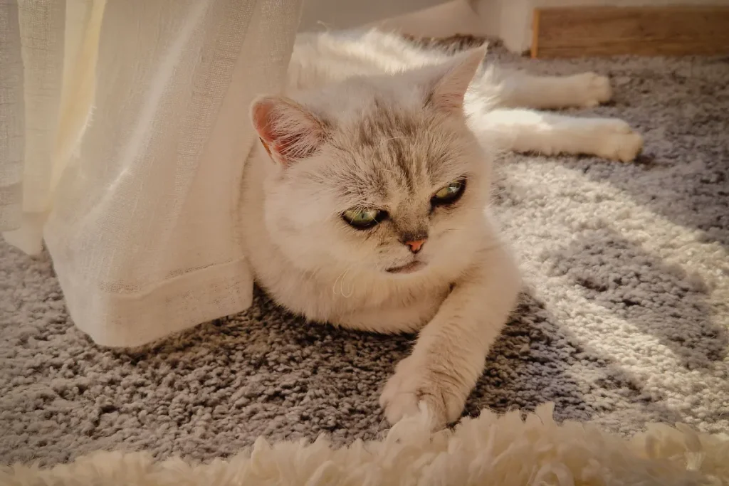 Pale cat lying on a shaggy carpet beside a sheer curtain