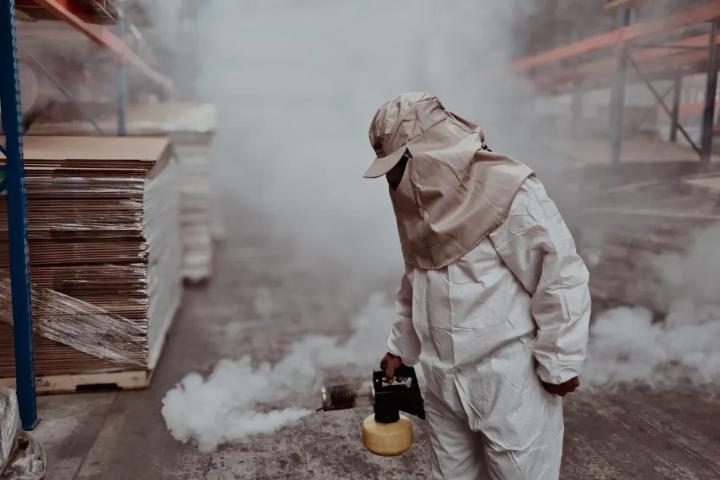 Technician in protective gear treating a commercial warehouse