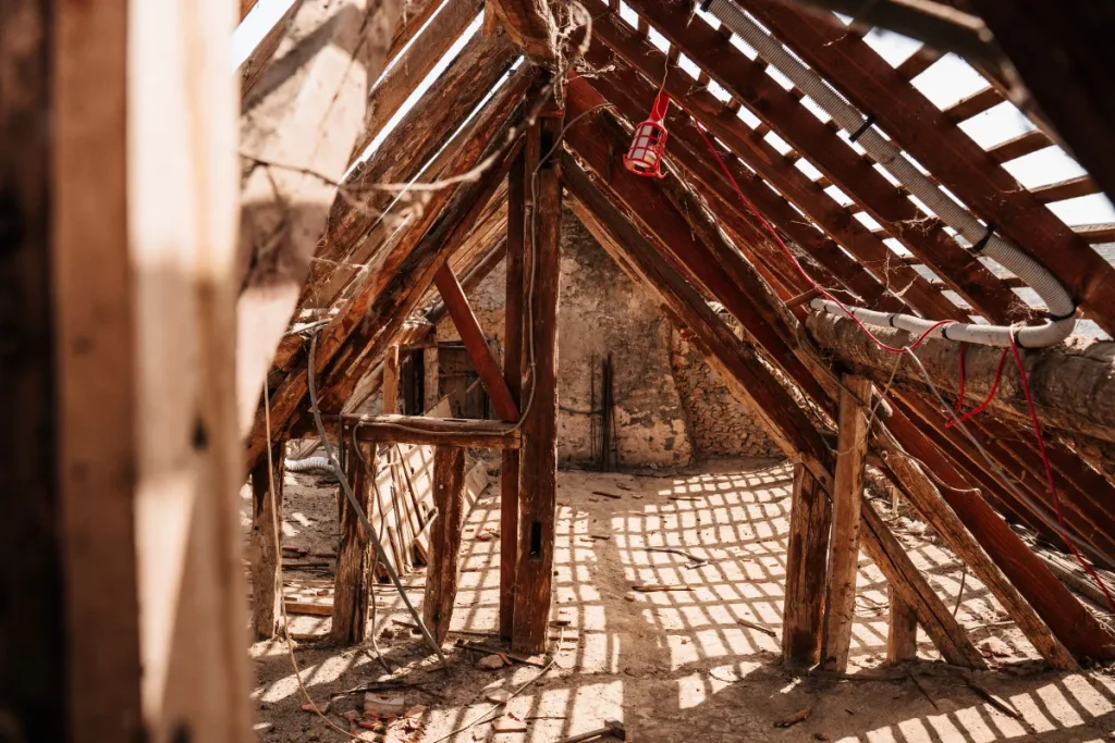 Exposed timber rafters and framing inside a roof cavity