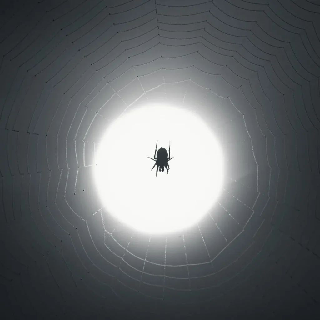 Spider silhouetted in its web against a bright circular light