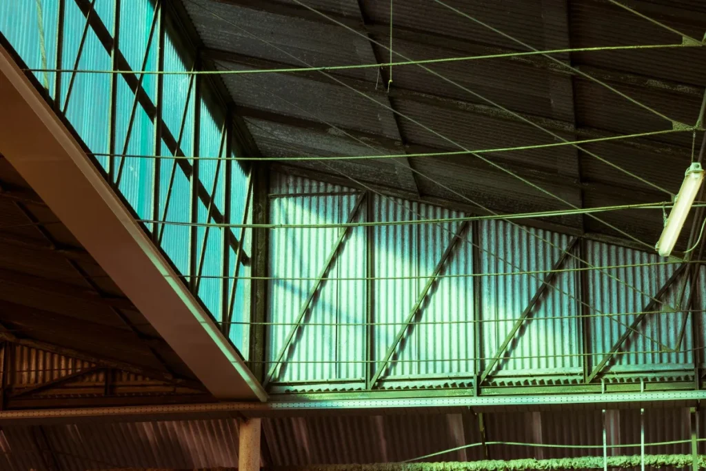 Warehouse ceiling with steel trusses, skylights and a hanging light